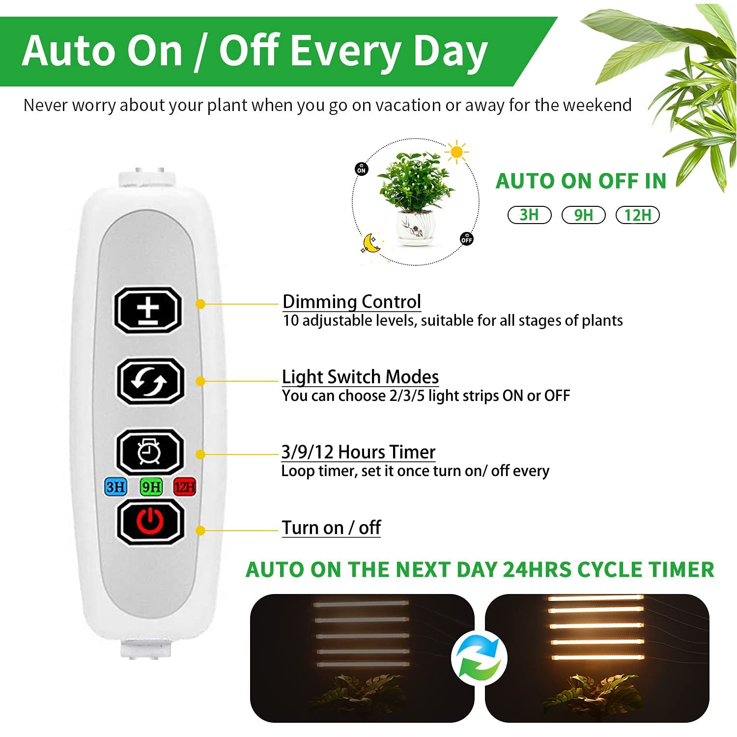 Tira de luz de cultivo, luces de plantas para plantas de interior, luz solar de espectro completo, luz LED de crecimiento, temporizador de encendido y apagado automático, 240 LED/10 niveles