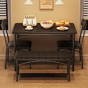 GarveeHome Dining Table Set for 4, Kitchen Table with Upholstered Chairs and Bench, Wood Rectangular Dining Table and Chairs Set for Small Space, Apartment, Dinner, Rustic Black
