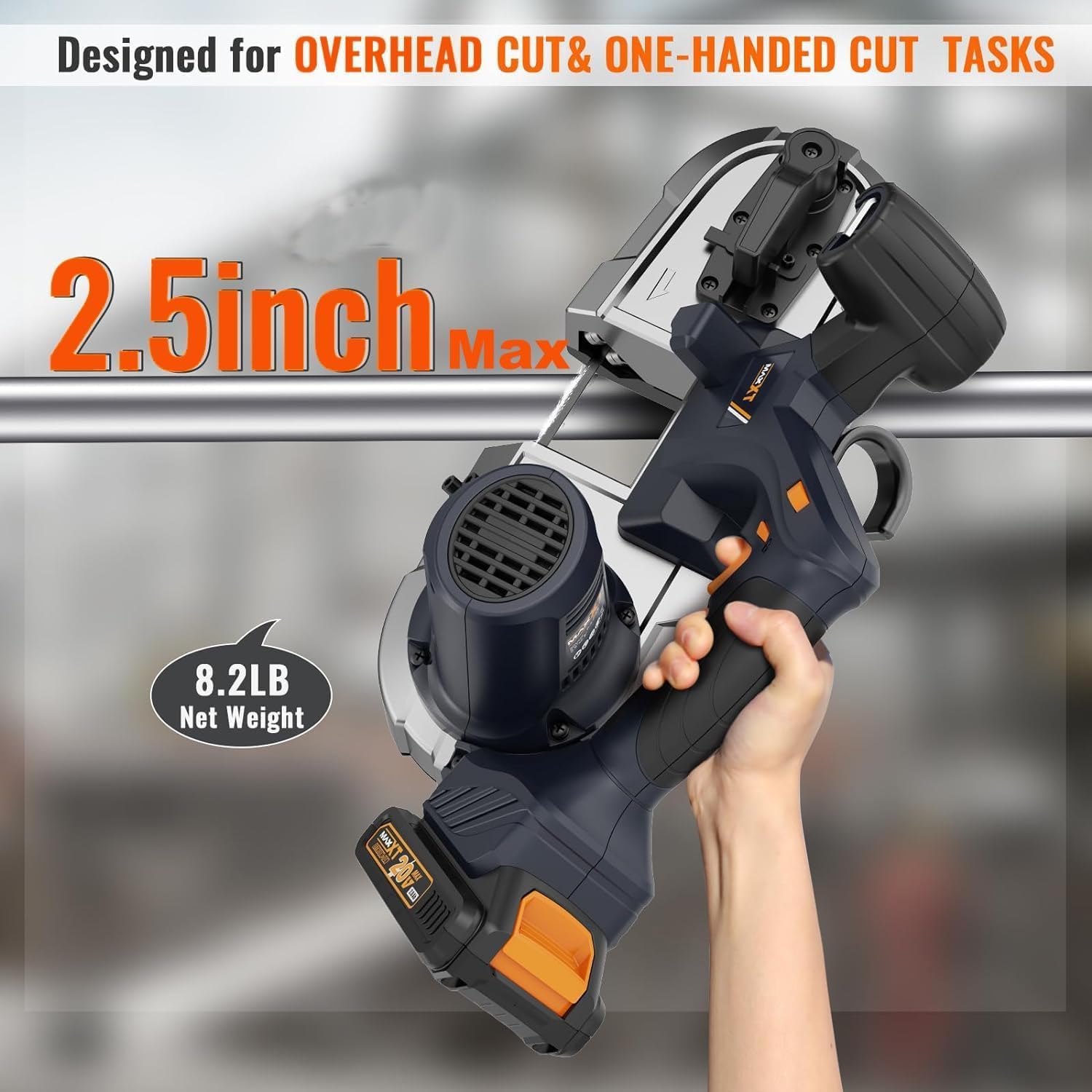 MAXXT 20V Cordless Band Saw, 2.5" Max Cutting Capacity, 0-630 FPM 6-Speed, Brushless Motor, Tool-Free Blade Change, LED Work Light, Integrated Hooks, 2A Battery & Charger, Portable for Metal Cutting