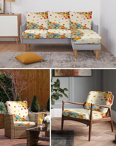 Miniatura 6 de Fundas de cojín elásticas para sofá de otoño, con diseño de calabazas azules y naranjas, con parte inferior elástica, diseño de hojas de arce y