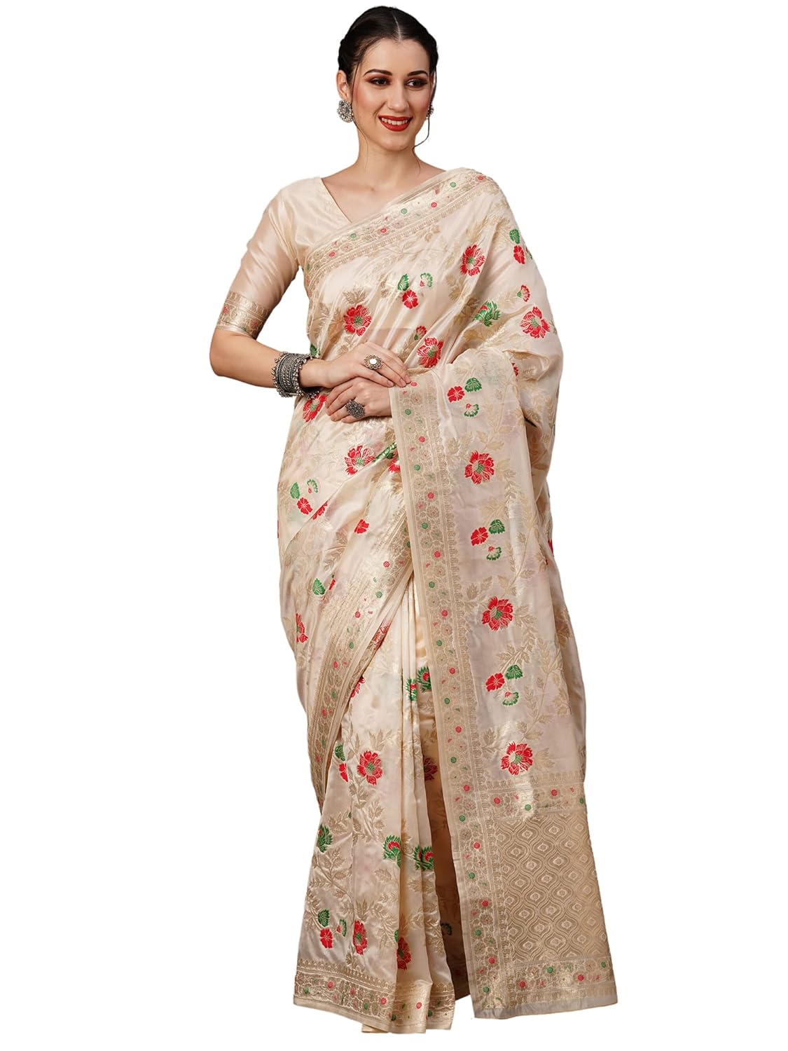 Women Beige Jute Silk Woven Zari Design Saree With Unstitched Blouse main image 1