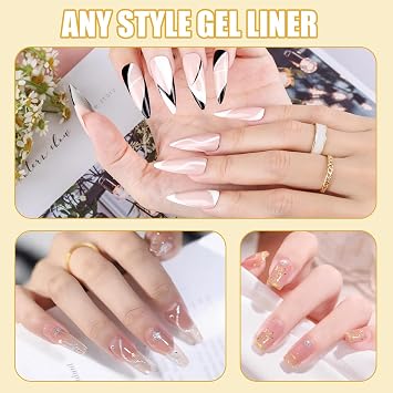 Gel Liner Art Polish Set 10ml, 4 Colors Black White Gold Silver Design Paint with Thin Brush in Bottle for Swirl/Euphoria French Tips Manicure Painting DIY at Home