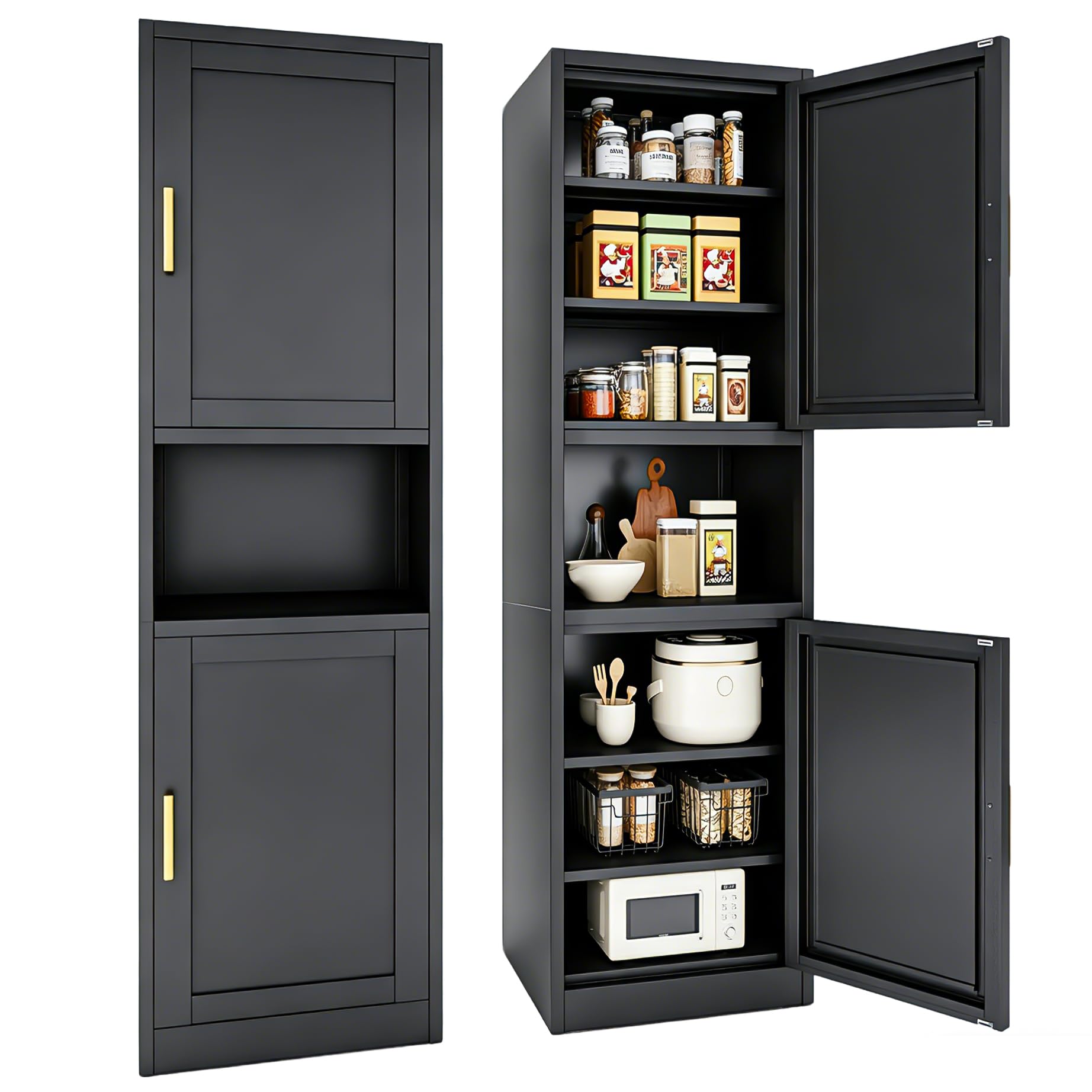 67" H Metal Tall Narrow Storage Cabinet, Freestanding Floor Cabinet with 2 Doors and Adjustable Shelves, Pantry Storage Cabinets for Bathroom, Living Room, Entryway and Kitchen (Black)
