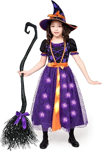 Spooktacular Creations Disfraz de bruja púrpura iluminado para niñas pequeñas disfraz de bruja de cuento de hadas para Halloween pequeño 5-7 años