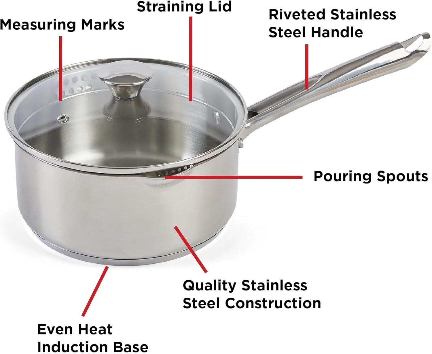 Cook & Strain Stainless Steel Cookware, Sauce Pan with lid, 3 quart