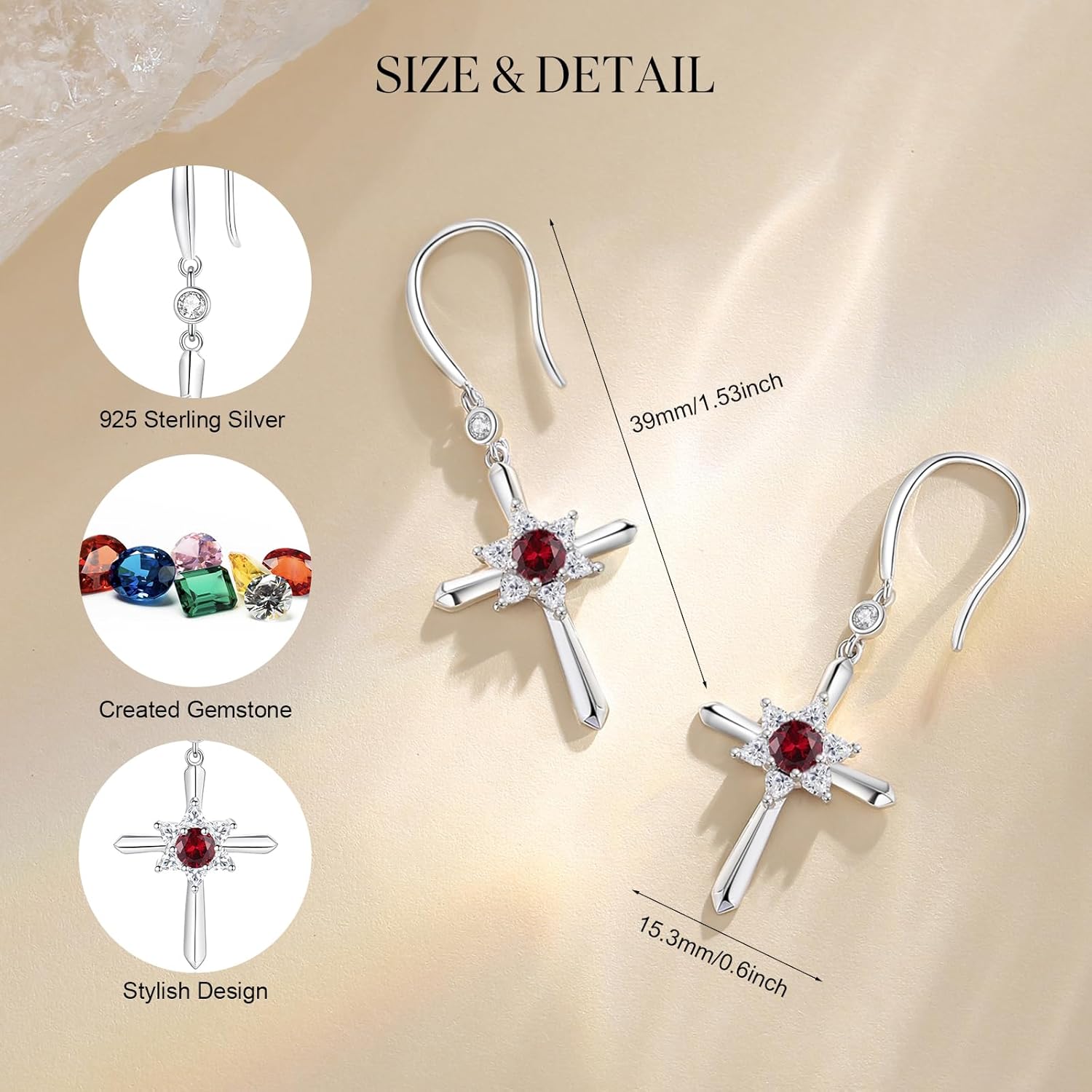 FANCIME Cross Dangle Drop Earrings 925 Sterling Silver Dainty Round Birthstone Earring Fine Jewelry Birthday Gifts for Her Women - Image 2