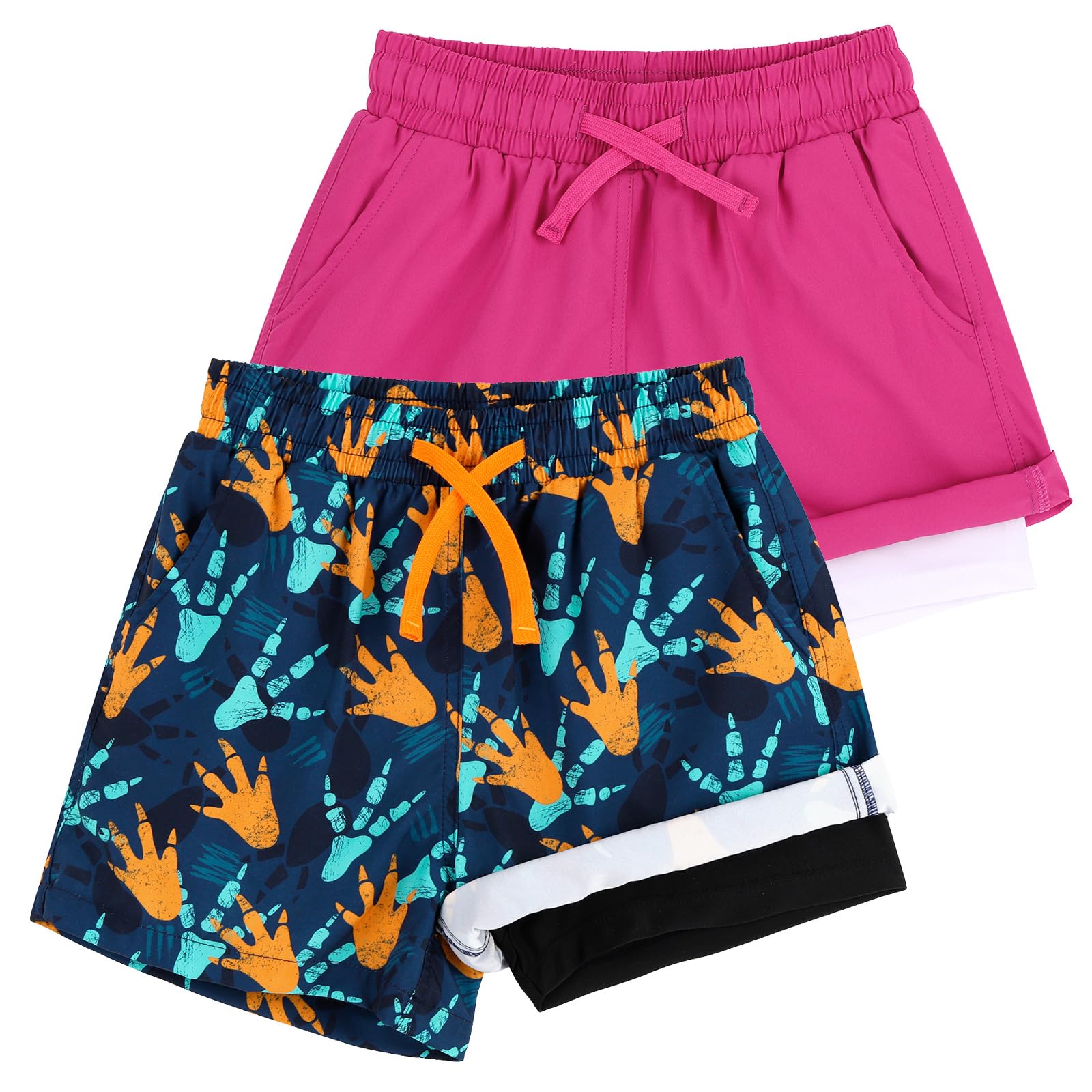 LACOFIA 2 Piezas Bañador Niños 2 en 1 Pantalones Cortos Playa/Piscina con Forro de Compresión Ropa de Baño para Niño Short de Natación con Cintura Elástica para 2 a 14 años