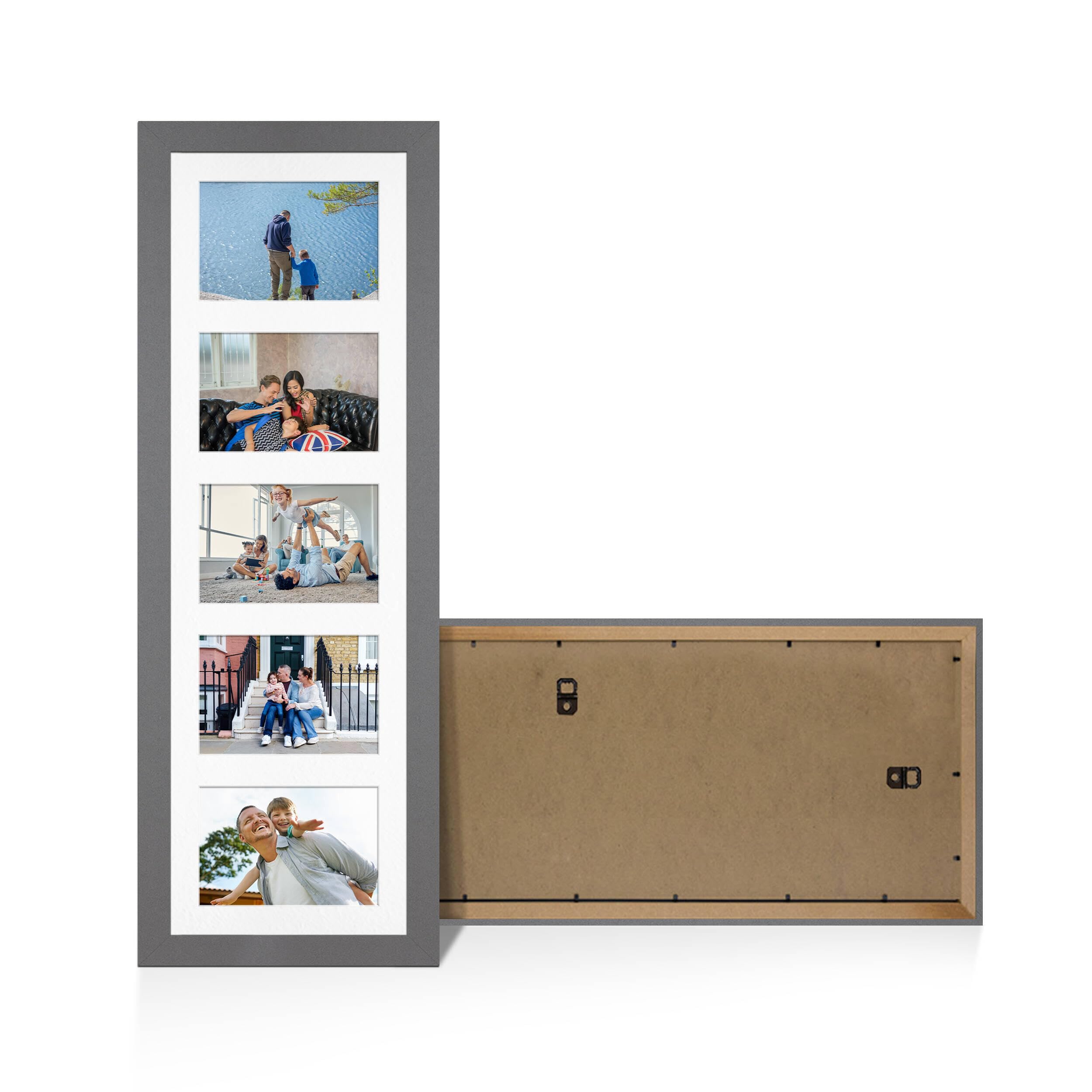 Alison Kingsgate Dark Grey 26x8 Photo frames for multiple pictures -5 Apertures Collage Frame with White Mount - Holds (5x) 6x4 Photos - Engineered Wood & Perspex โ image 1