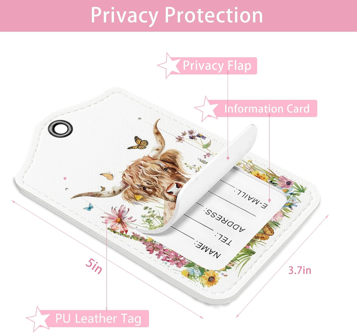Cute Highland Cow Floral Gifts Luggage Tags for Suitcases,Funny 2 Pack Baggage Tag Label with Steel Loop for Girs Women,Animal Kids Luggage Tag Handbag School Bag Backpack Traveling Accessories image 3