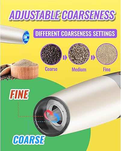 Miniatura 10 de Rongyuxuan juego de molinillo eléctrico por gravedad de sal y pimienta, molinillo automático de pimienta y sal, funciona con pilas, molienda