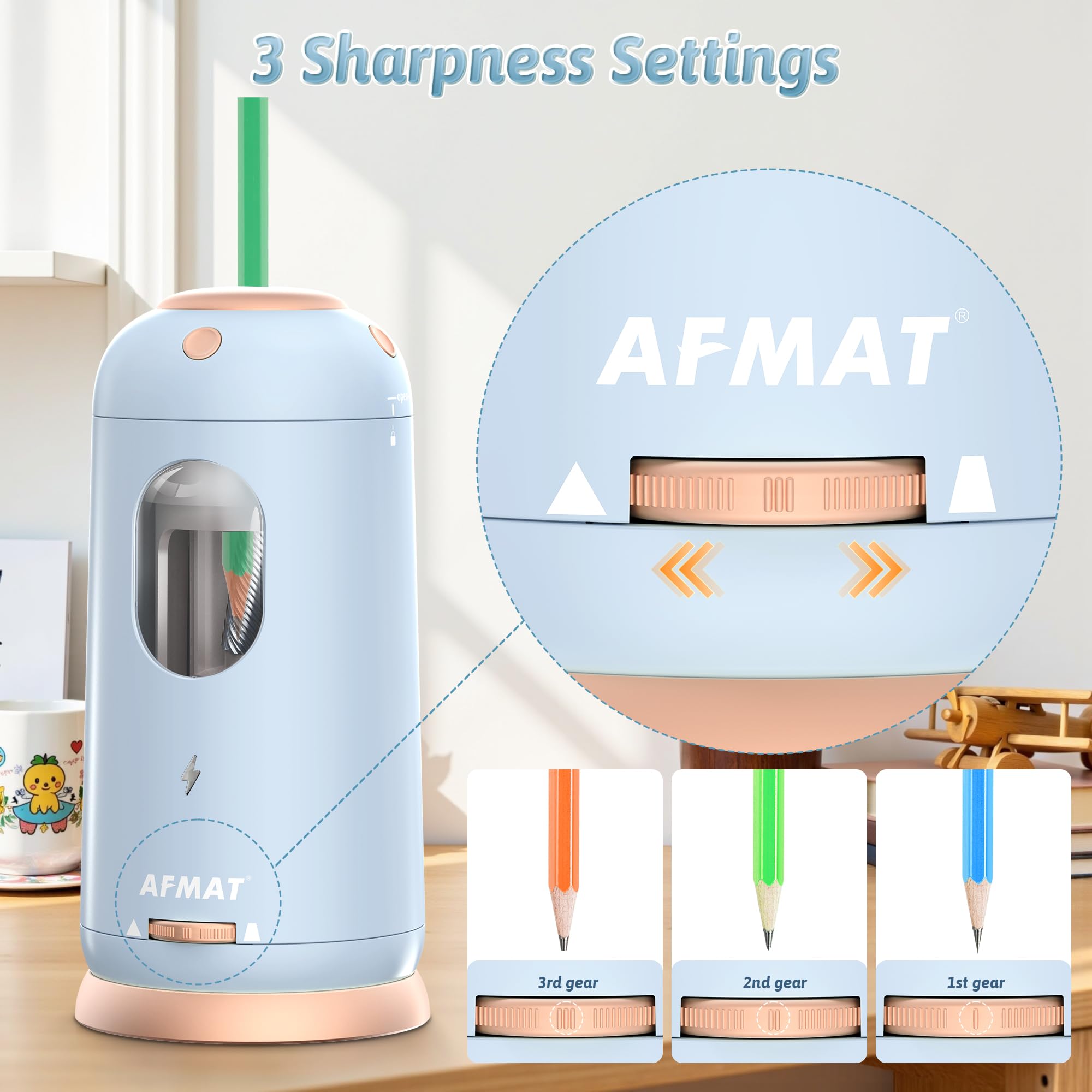 AFMAT Elektrischer Bleistiftspitzer, automatisches Ein- und Ausschalten, vollautomatischer Bleistiftspitzer, wiederaufladbar, freihändiger Spitzer für Jumbo- und Buntstifte (7–11,5 mm), gut für