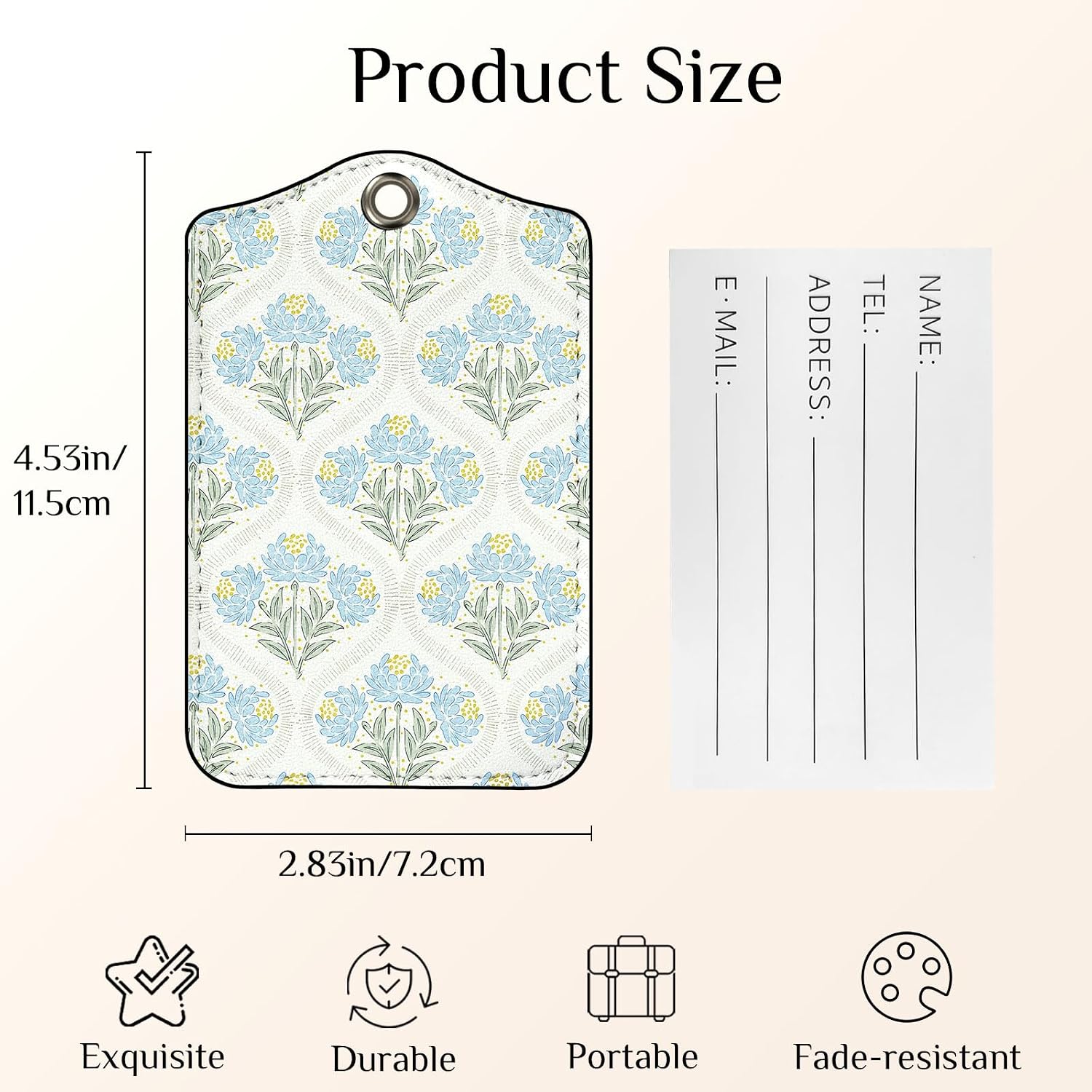 2 PCS Blue Flower Clusters Travel Luggage Tags for Suitcases,Cute PU Leather Name Tag with Privacy Cover&ID Label Address Card&Durable Metal Ring Suitable for Women Girl image 2