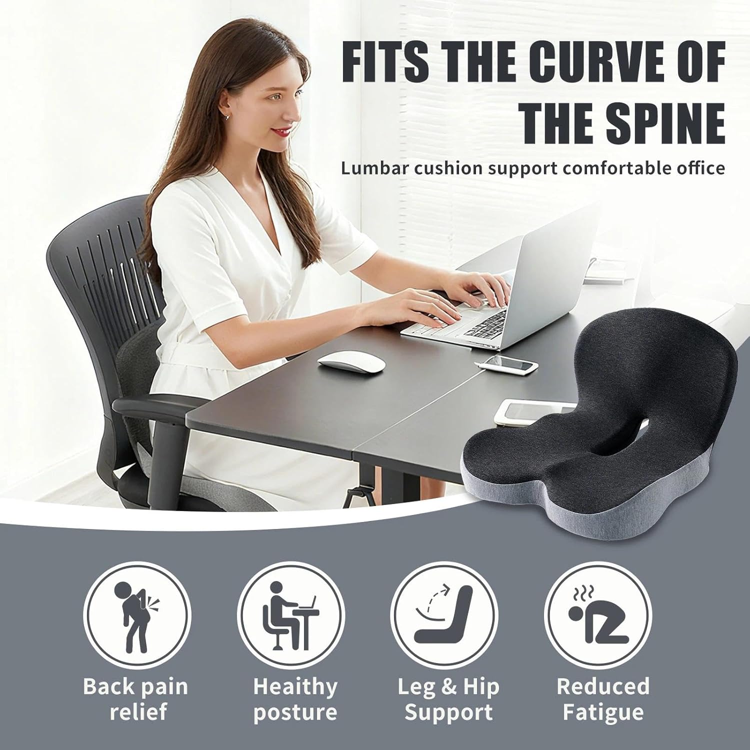 memory foam l-shaped seat cushion with coccyx cutout, ergonomic integrated support pillow for office chair, car seat, wheelchair, non-slip base, universal fit (dark gray)