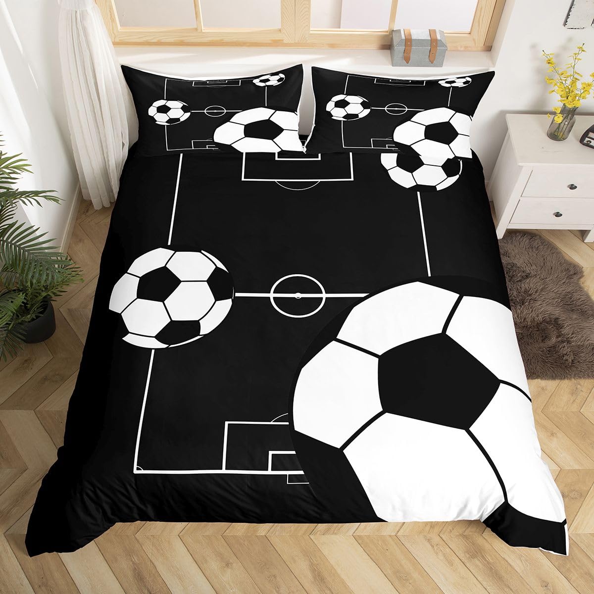 Homewish Black Football Cot Duvet Cover Set for Kids Boys - Soccer Sports Themed Bedding with 1 Pillowcase - Football Court Quilt Cover for Teen Bedroom Decor Modern Microfibre Bed Sets