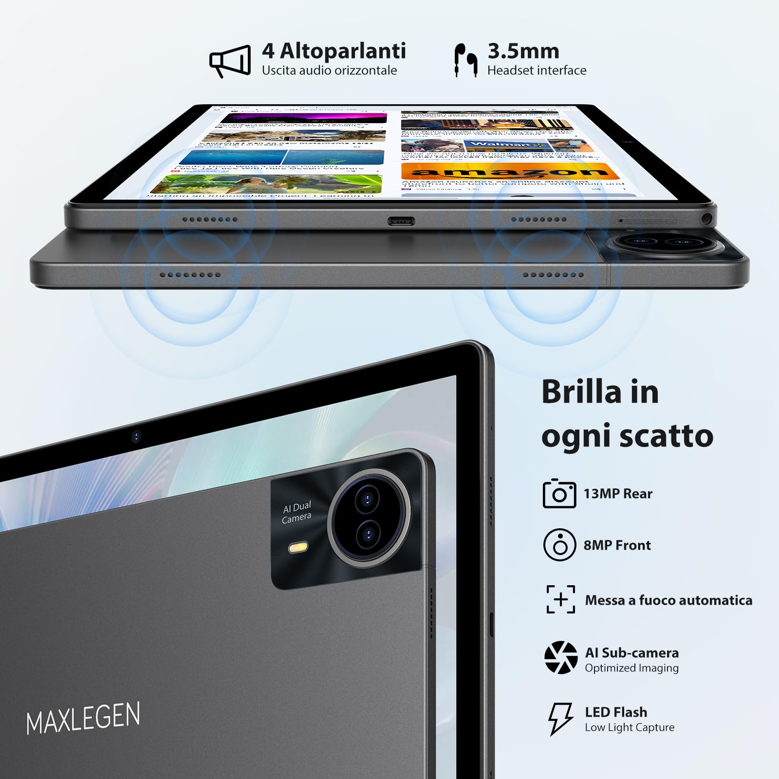 MAXLEGEN Android 14 Tablet, Display 14 Pollici 2,5K Incell, 36GB RAM+256GB ROM(TF 1TB), 4G LTE+5G WiFi Tablet con Octa Core/4 altoparlanti/11580 mAh/BT5.0/GMS/GPS, Tab Pen/custodia/auricolare Inclusa