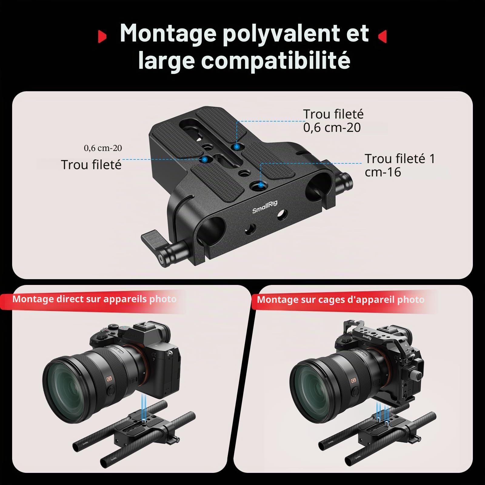 SMALLRIG Kit de Plaque de Base pour Appareil Photo avec Pince pour Rail LWS 15 mm, Tiges en Fibre de Carbone 15 mm (8'' / 20 cm), pour Sony A6500, pour Canon R5, R6, pour Sony A7SIII / A7III - 5609