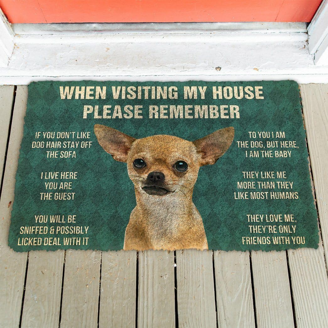 Funny Chihuahua House Rules Doormat “When Visiting My House Please Remember”, Chihuahua Dog Lover Humor Welcome Mat, Indoor Outdoor Entry Rug for Front Door, Porch or Home Decor