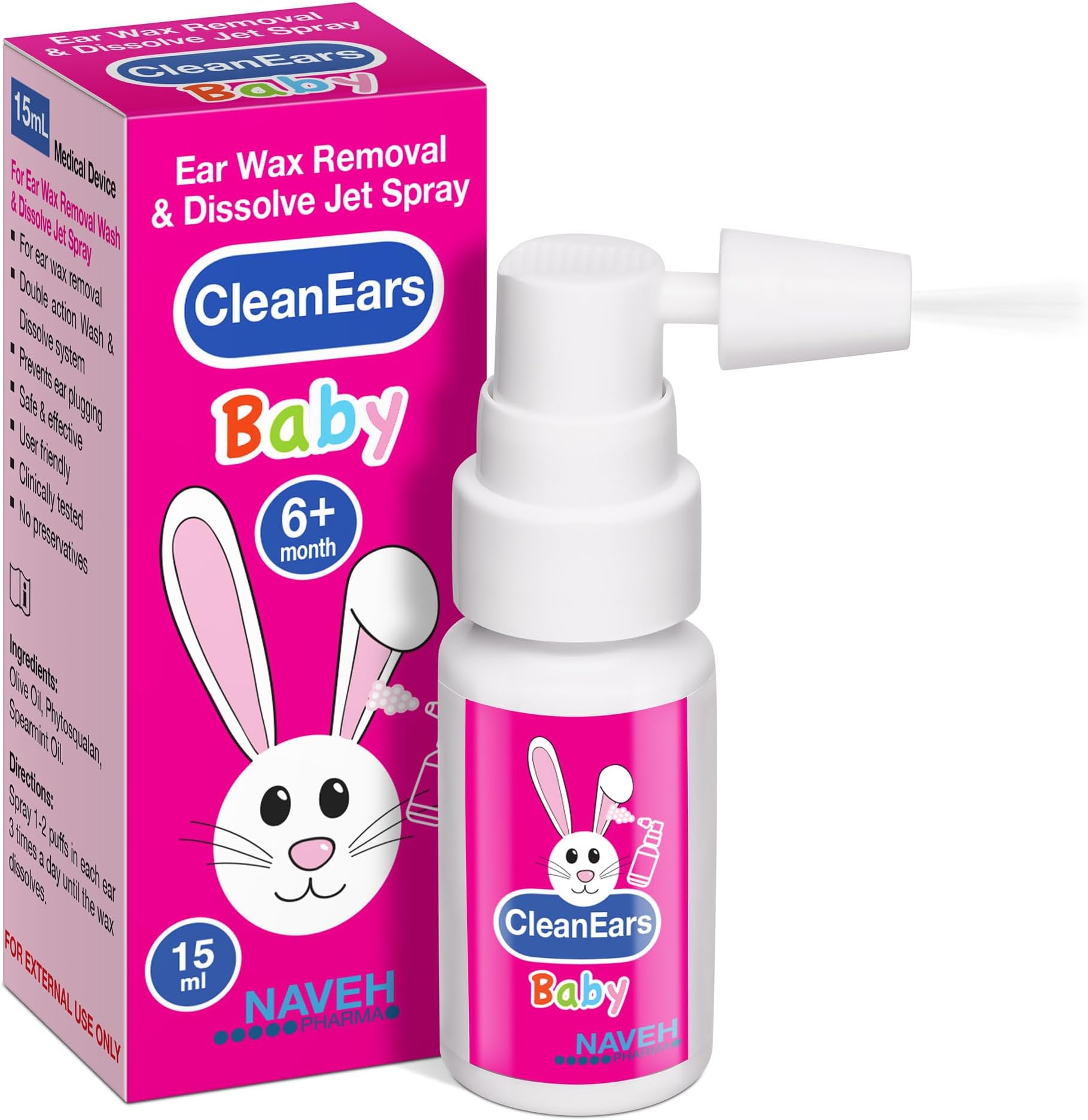 NAVEH PHARMA Cleanears Baby Earwax Removal Kit Spray Ear Wax Softener Cleaner Irrigation And Wax Dissolution “All Natural Patented “Nonirritant For Baby's (0.5 Fl Oz)