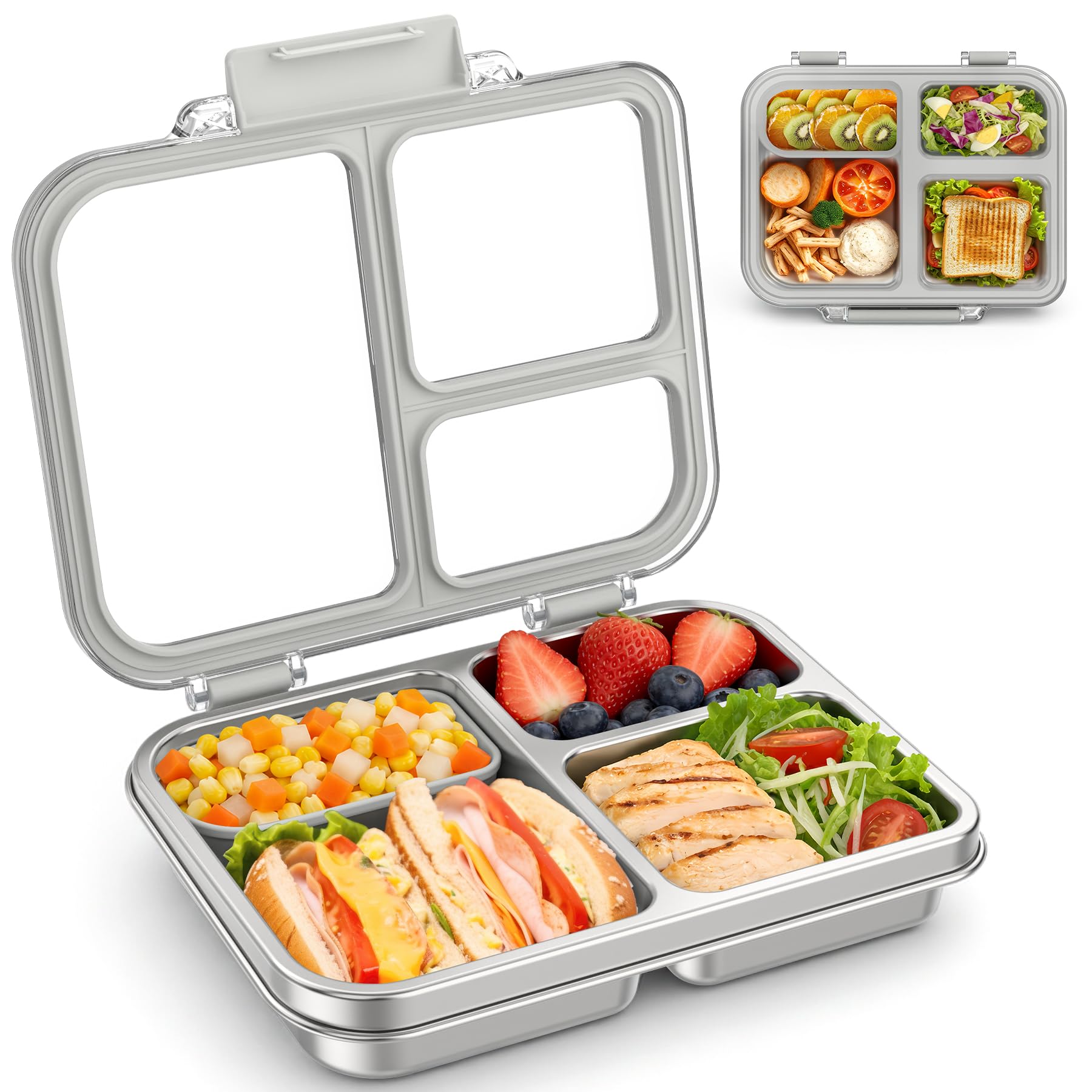 Photo 1 of *** SIMILAR NOT EXACT PLEASE REFER TO PHOTOS **** BABHAMNESS Stainless Steel Bento Lunch Box for Kids Adults, 3 Compartments Metal Bento Box with Transparent Lid & Silicone Container for Kids,Dishwasher-Safe,School & Travel,BPA-Free(Grey)