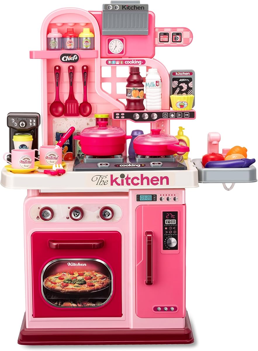 Juego de cocina para niños, cocina, fregadero, horno, luces y sonidos, a partir de 3 años | Juguetes de juego de simulación, 53 piezas con efecto de pulverización simulado, juguetes de cocina para niños y niñas mayores de 3 años (rosa)