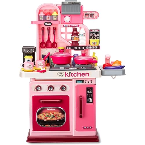 Kids Kitchen Playset-53pcs Cooking Stove,Paly Sink,Oven,Kitchen Toys with Realistic Lights&Sounds，Pretend Play Toys,Kitchen Toys for Toddlers 1 2 3 (Pink)