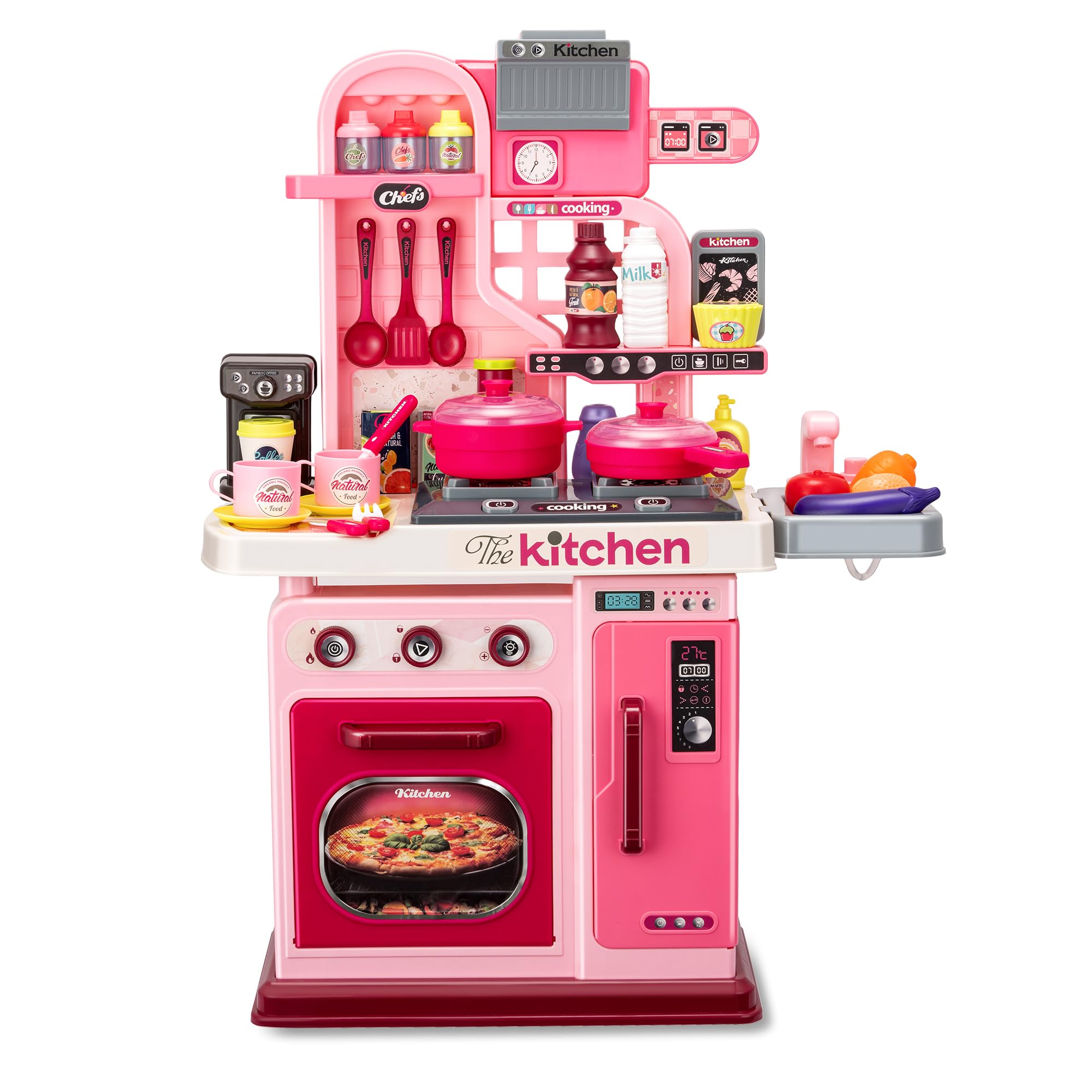 Kids Kitchen Playset-53pcs Cooking Stove,Paly Sink,Oven,Kitchen Toys with Realistic Lights&Sounds，Pretend Play Toys,Kitchen Toys for Toddlers 1 2 3 (Pink)
