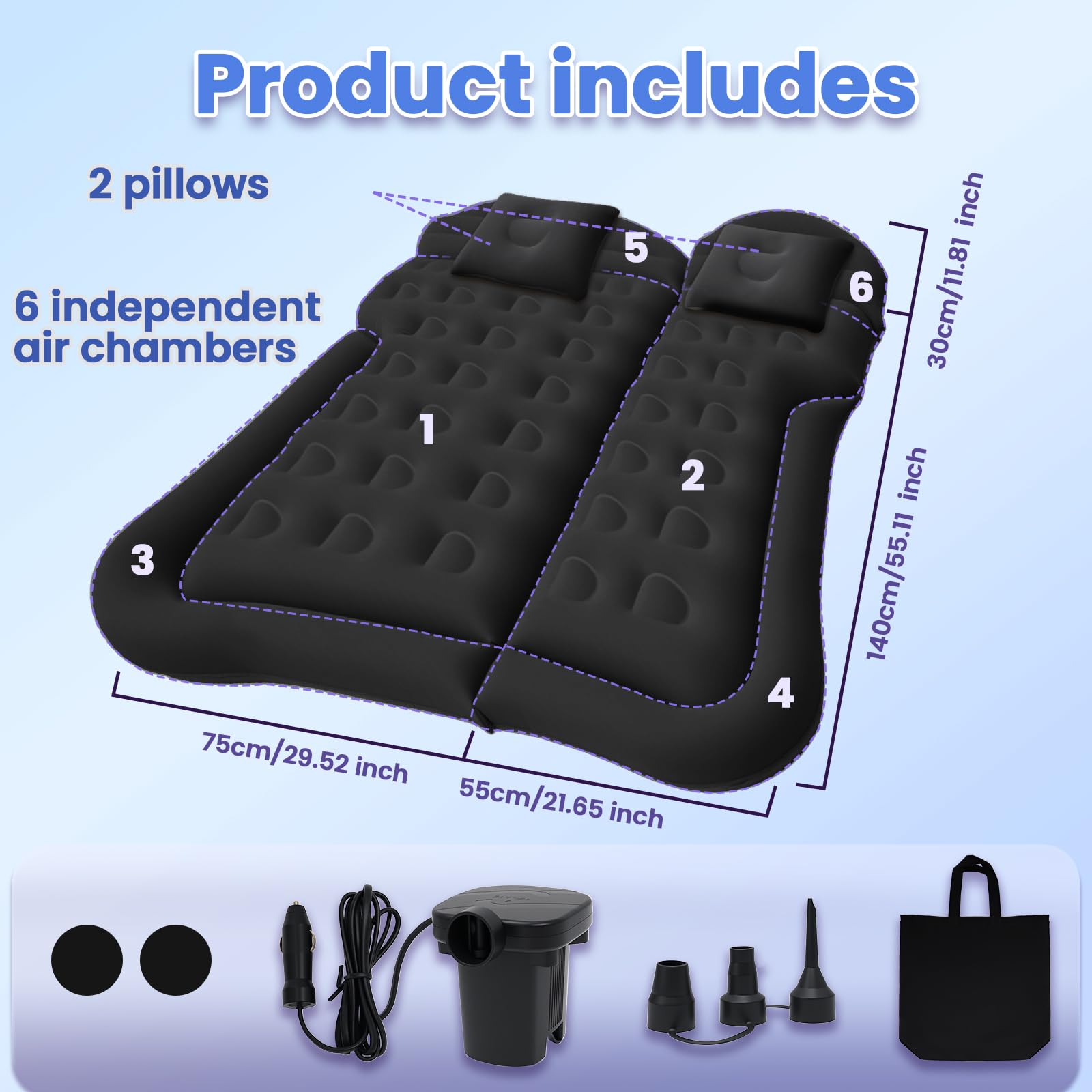 Colchón para Coche Hinchable Impermeable SUV con Bomba de Aire 12V y 3 Adaptadores Negro