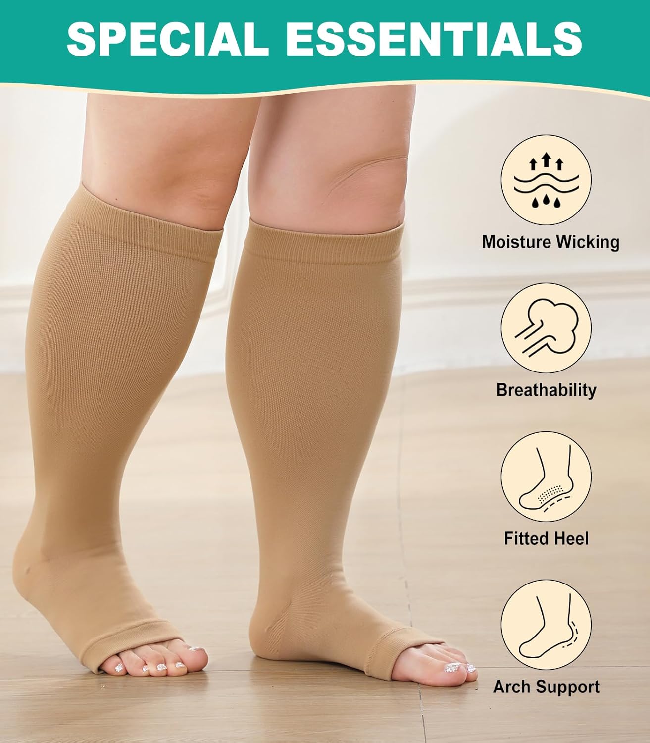 Plus Size Compression Socks: Wide Calf Toeless Stockings for Men Women - Open Toe 20-30 mmHg Compression Hose Support for Travel Nurses - Image 2
