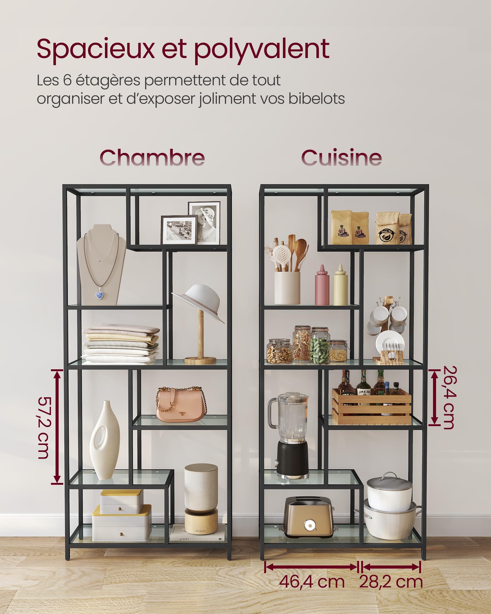 VASAGLE Étagère de Rangement, Bibliothèque, 6 Niveaux, Porte-Plantes, 30 x 80 x 180 cm, Verre Trempé, pour Bureau, Salon, Chambre, Cuisine, Noir Pur LGT502B61