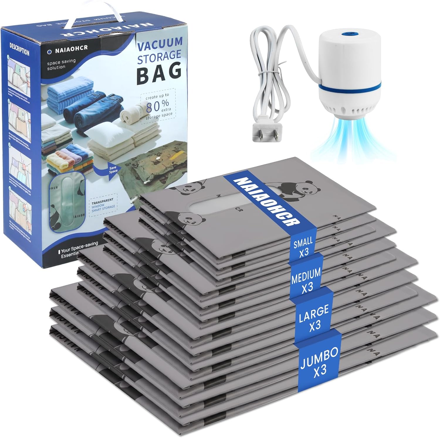 12 Pcs Vacuum Storage Bags for Clothing: Travel Vacuum Seal Bags with Electric Pump, Space Saver Vacuum Storage Bags for Bedding Blanket Luggage (3 Jumbo + 3 Large + 3 Medium + 3 Small)