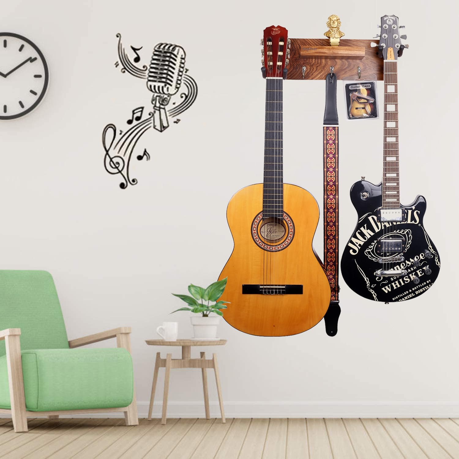 KingPoint Uchwyt na gitarę, uchwyt na gitarę, wieszak ścienny, drewniany hak ścienny na gitarę z uchwytem na kostki i 3 haczykami, do gitary elektrycznej, gitary akustycznej, gitary basowej,, KP035
