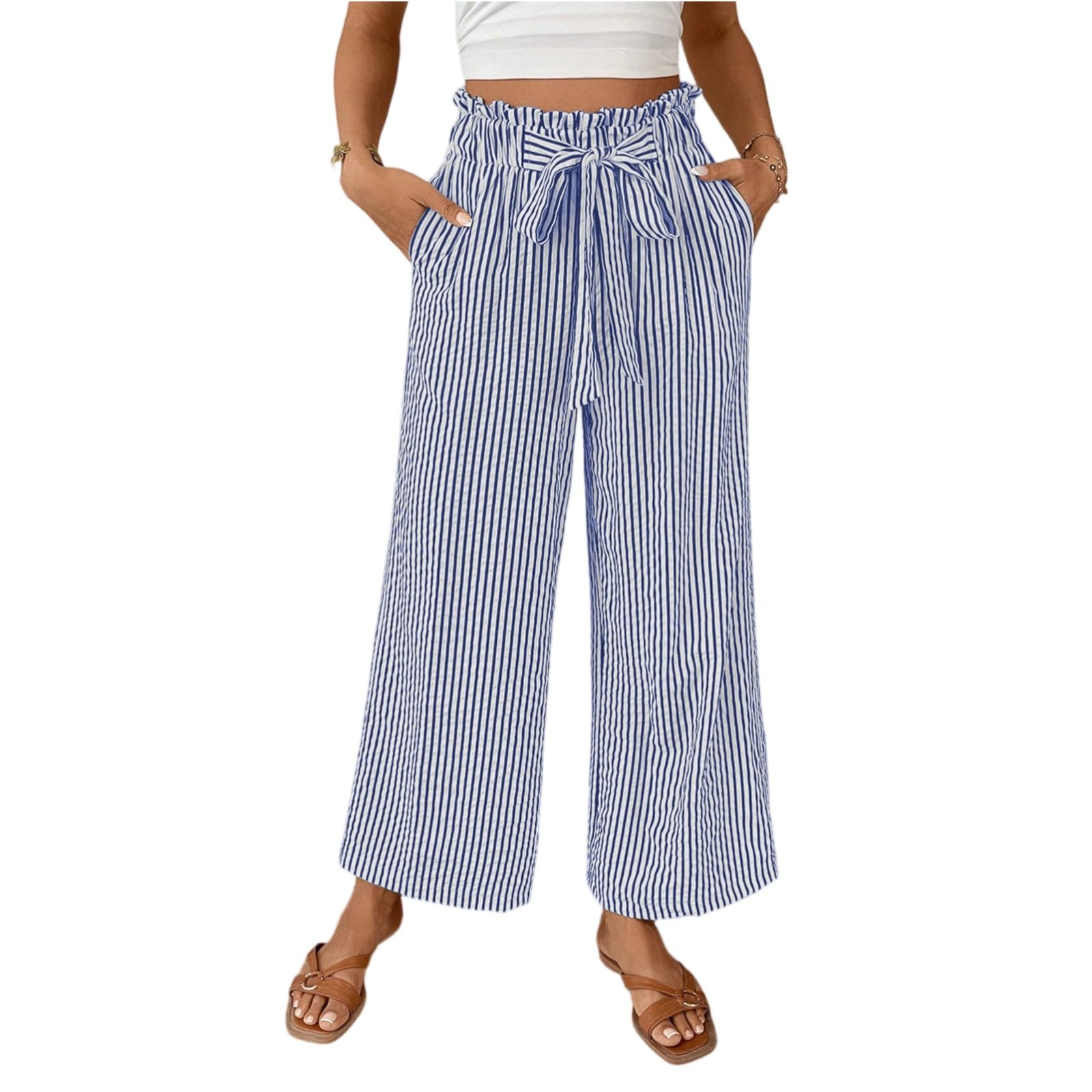 Womens Fashionable Straight Leg Pants Striped Strap Pocket Elastic Waist Pants Wide Leg Baggy Long Trousers