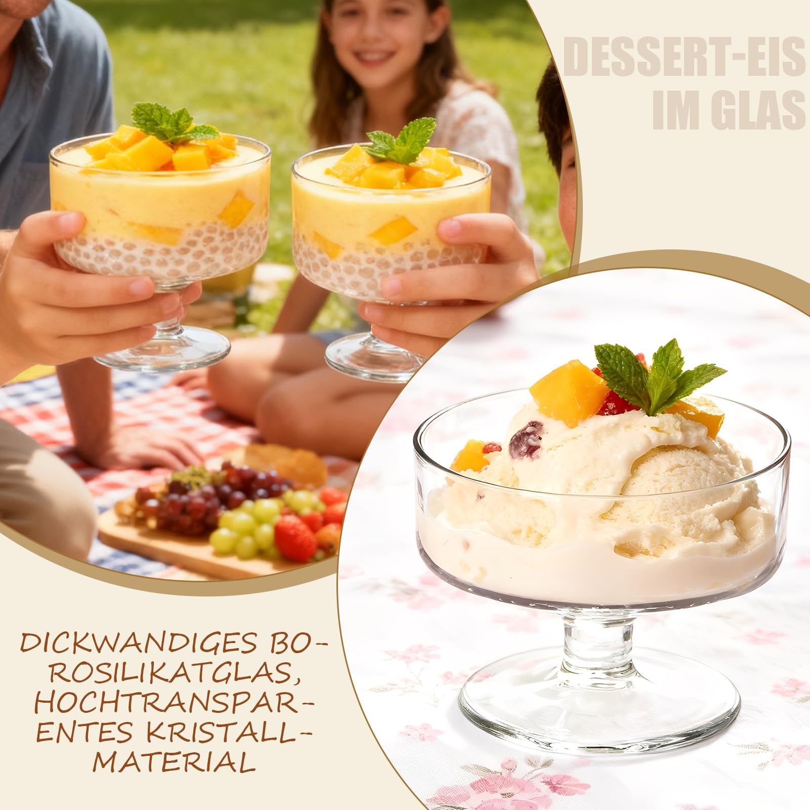 6 Stück 180ml Glas Eis Sundae Tassen, klare Dessertschalen für Pudding, Garnelen Cocktail, Vorspeisen & Milchshakes