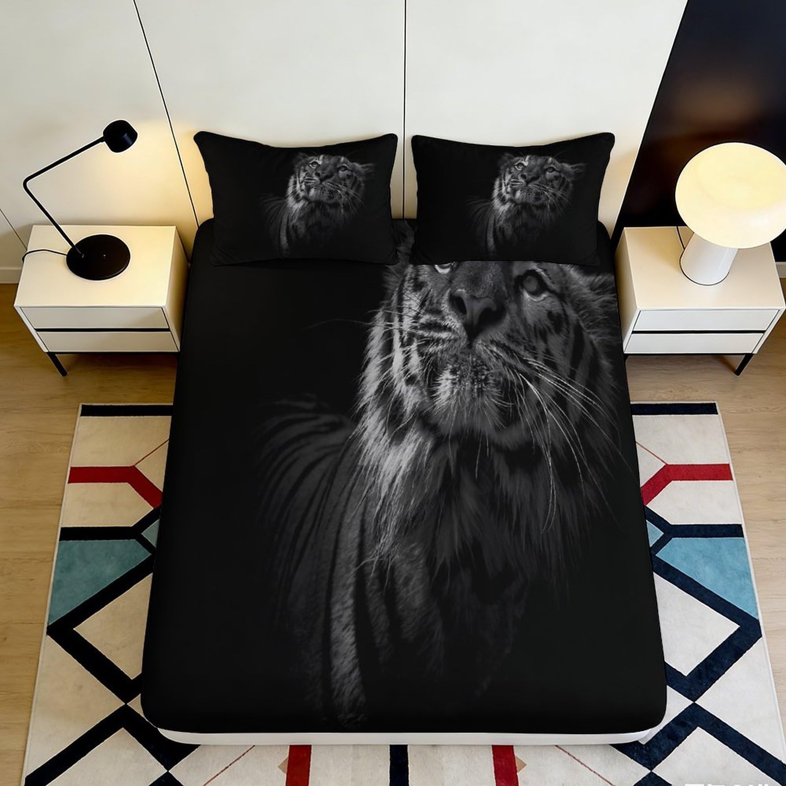 3D Printed Black Lion Fitted Sheet Microfiber Soft Breathable Wild Cat Bed Cover for Bedroom Dorm Mattress Protection Decor 90x200x25cm