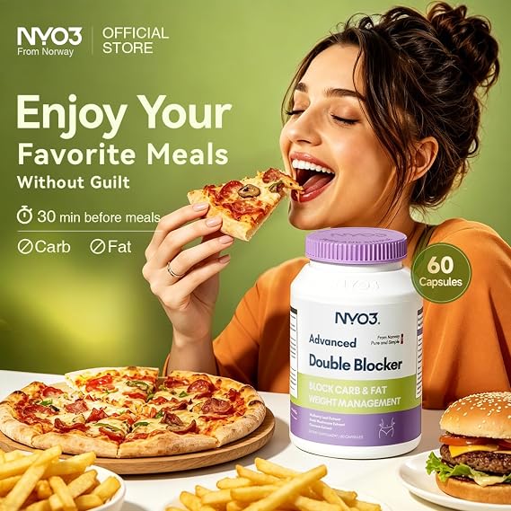 NYO3 Carb & Fat Blocker Advanced Dual Action Formula with Mulberry Leaf & Enoki Mushroom Extract Reduce Sugar Absorption & Limit Fat Production, Craving Control & Weight Management - 60 Capsule
