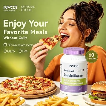 NYO3 Carb & Fat Blocker Advanced Dual Action Formula with Mulberry Leaf & Enoki Mushroom Extract Reduce Sugar Absorption & Limit Fat Production, Craving Control & Weight Management - 60 Capsule