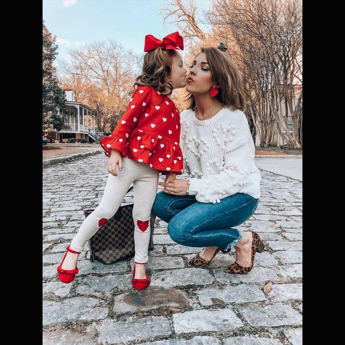 Menglang Valentine's Day Outfit Kids Baby Girl Clothes Red Ruffled Sleeve Top Heart-Shaped Pants Clothes Set For Little Girl