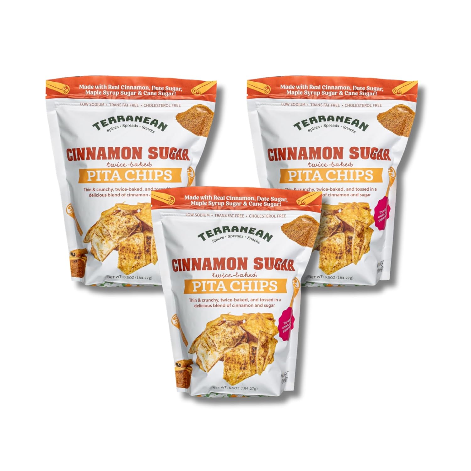Terranean Pita Chips - (Cinnamon Sugar) | Authentic Twice-Baked Chips, Thin & Crunchy Snacks | Halal, Kosher Certified
