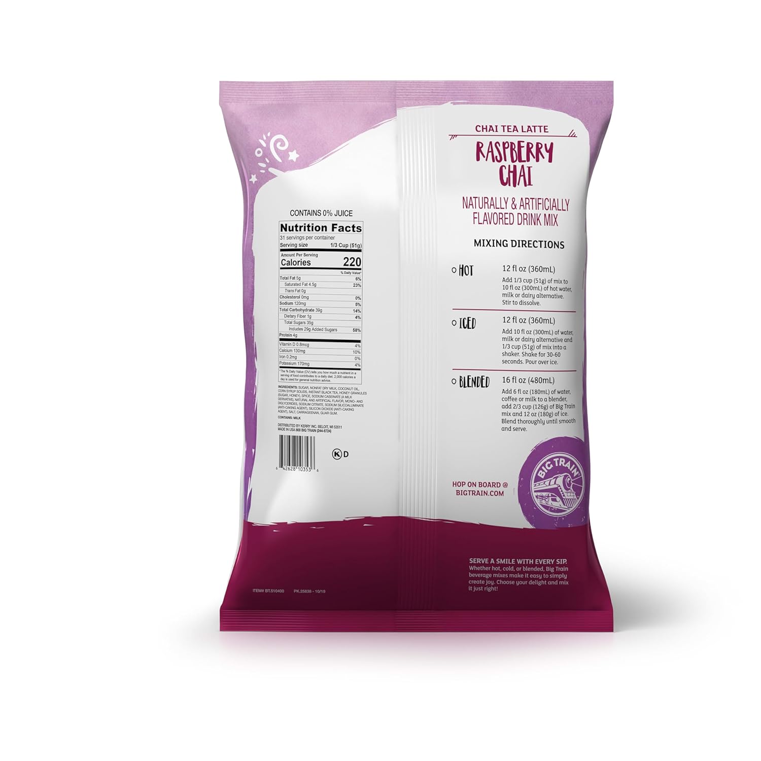 (BBD:17/MAR/2026 ) Big Train Raspberry Chai Tea Latte Beverage Mix, 3.5 Pound (Pack of 1) Latte Raspberry Chai 56 Ounce (Pack of 1)