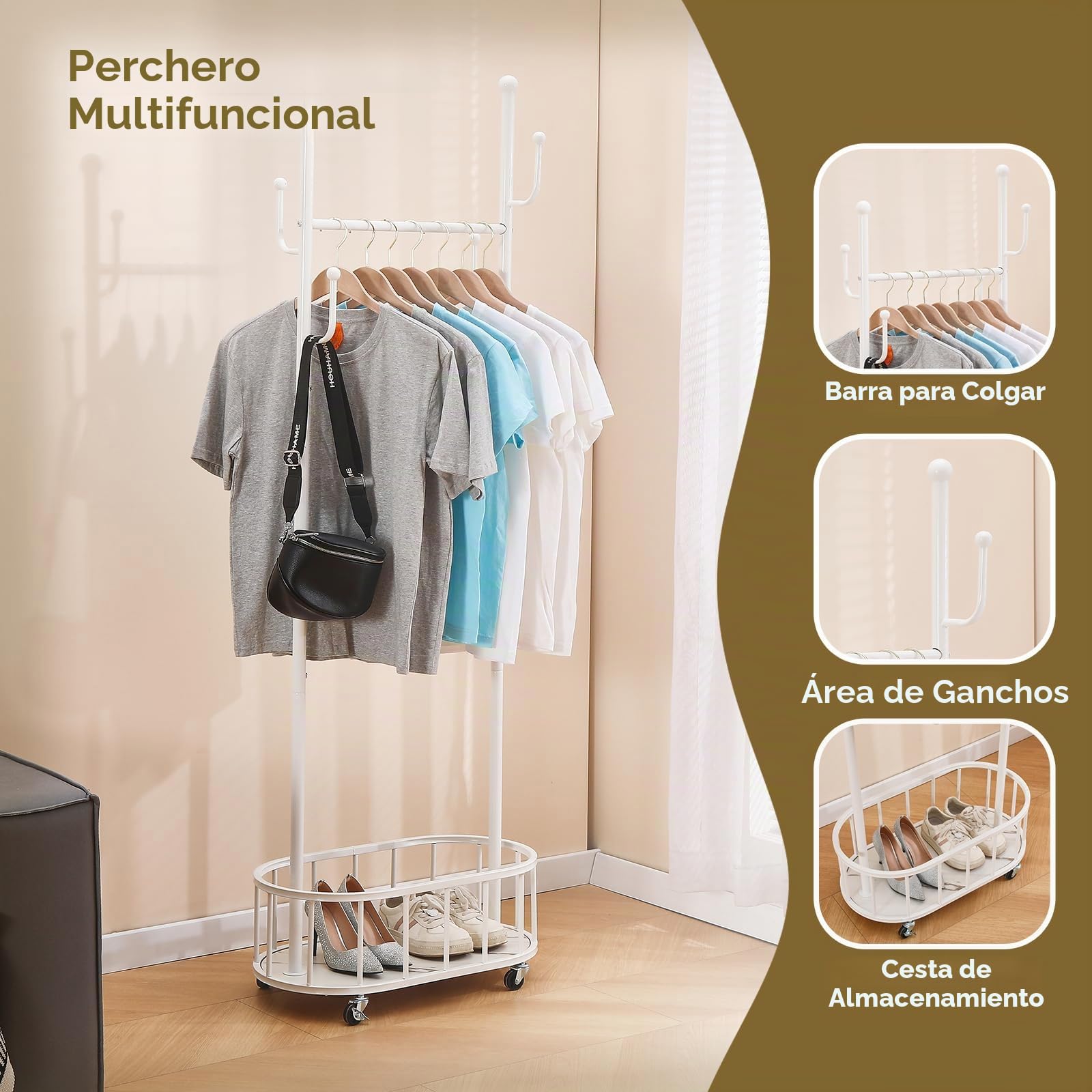 KAIHAOWIN Perchero con ruedas y cesta de almacenamiento, perchero de metal industrial con ruedas, para dormitorio y sala de estar y pasillo, blanco