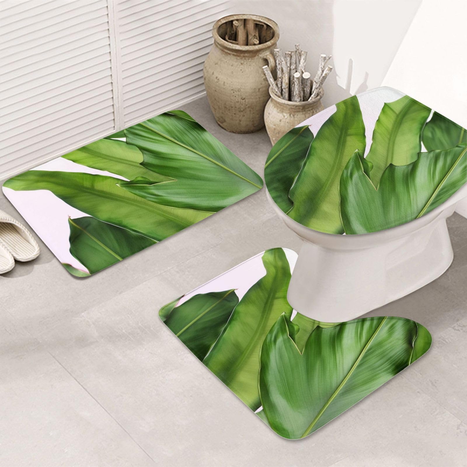 Tapis de bain feuille de bananier lot de 3 avec contour et housse WC microfibre