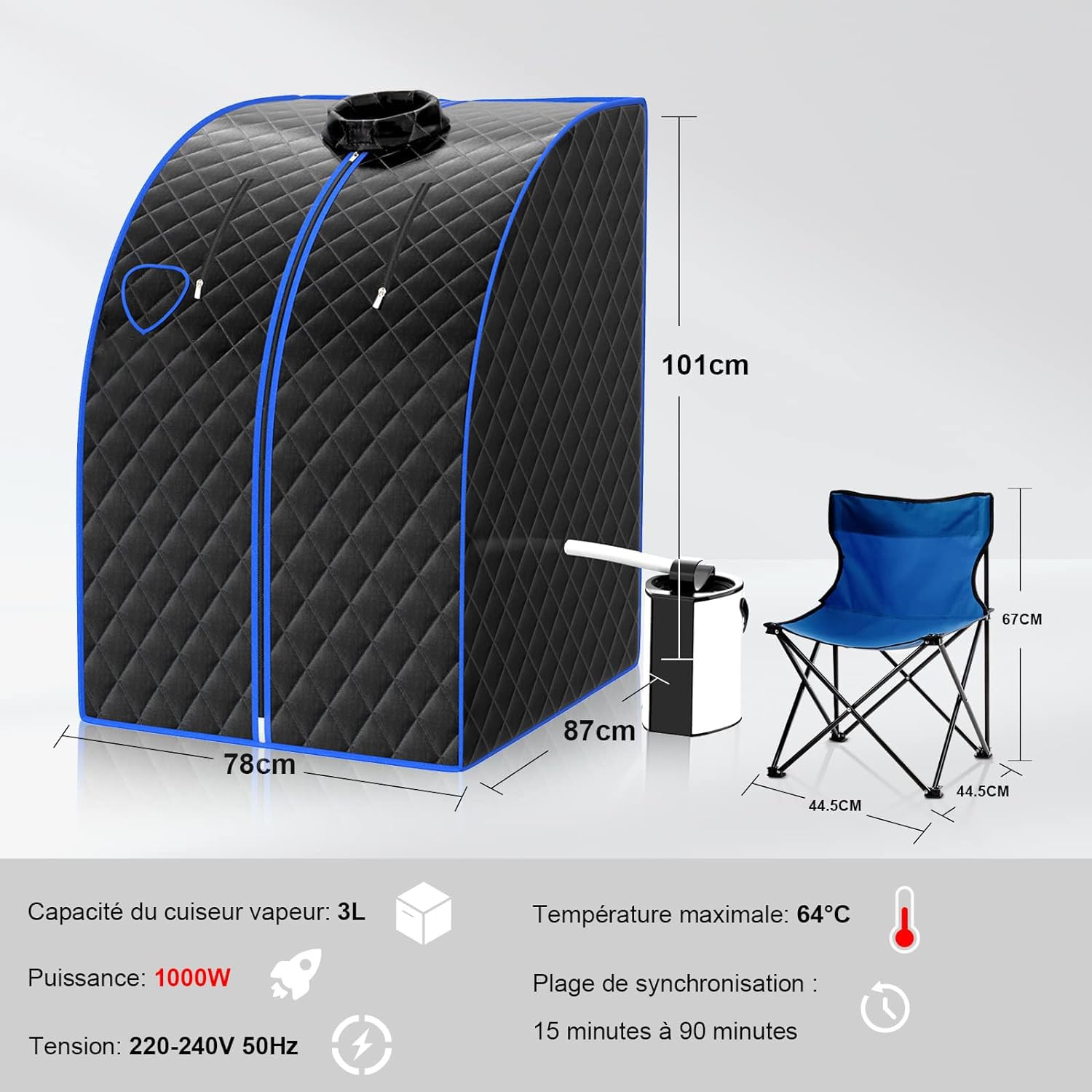 GOPLUS 1000W Sauna à Vapeur Portable 3L, Sauna Cabine Pliable avec Chaise, Température Réglable à 64℃, 9 Minuterie Réglable, Fonction d’atomisation pour Soulagement(Noir)