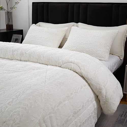 Miniatura 3 de Wajade Juego de edredón de piel sintética tamaño King, 3 piezas ultra suave mármol negro y blanco juego de ropa de cama peludo con estampado de