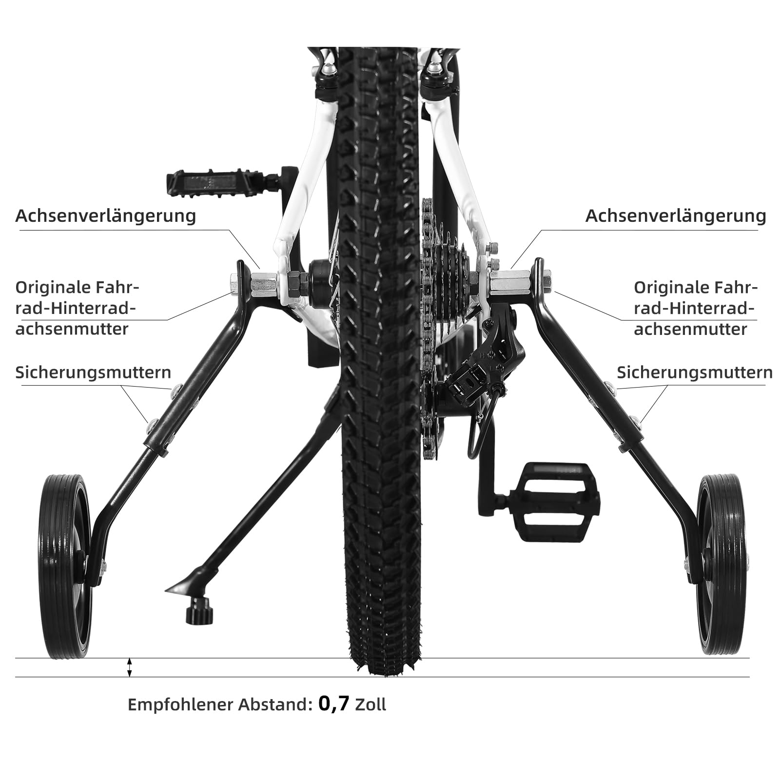 Kinderfahrrad Stützräder Verstellbare Stützräder für 16, 18, 20, 22, 24 Zoll Kinderräder & Mehrgangräder - Inklusive Komplettem Montageset, 1 Paar, Schwarz