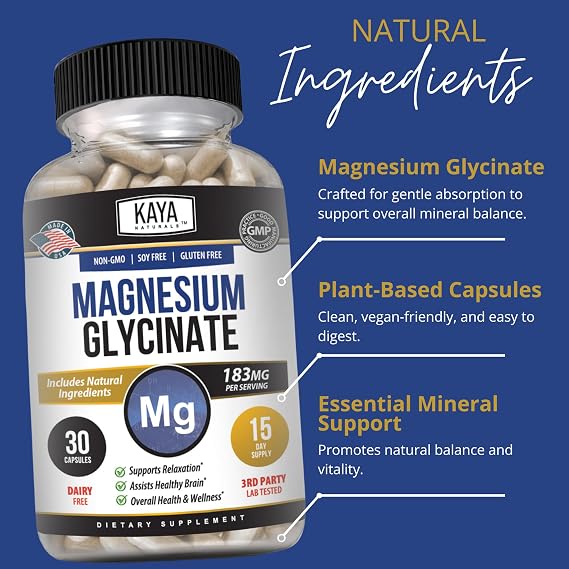 Kaya Naturals Magnesium Glycinate 183mg per Caps, Chelated for Maximum Absorption, Non-GMO, NO Gluten Dairy & Soy, Supports Muscle and Heart Health 30 Count
