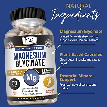 Kaya Naturals Magnesium Glycinate 183mg per Caps, Chelated for Maximum Absorption, Non-GMO, NO Gluten Dairy & Soy, Supports Muscle and Heart Health 30 Count