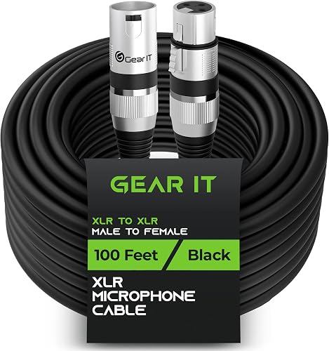 GEARit XLR to XLR Microphone Cable (100 Feet, 1 Pack) XLR Male to Female Mic Cable 3-Pin Balanced Shielded XLR Cable for Mic Mixer, Recording Studio, Podcast - Black, 100Ft, 1 Pack