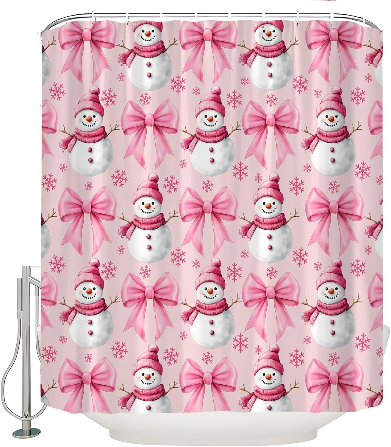 Merry Christmas Shower Curtain Cute Funny Snowman Pink Bow Snowflake Cartoon Winter Happy New Year Holiday Decor Bathroom Curtain Set with Hook