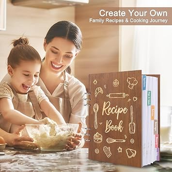 Creawoo Wooden Recipe Book to Write in Your Own Recipes Personalized Blank Recipe Binder Cookbook, Hardcover DIY Family Recipes Full Pages with 6 Colorful Dividers, Idea Cooking Gift- 8.5x11
