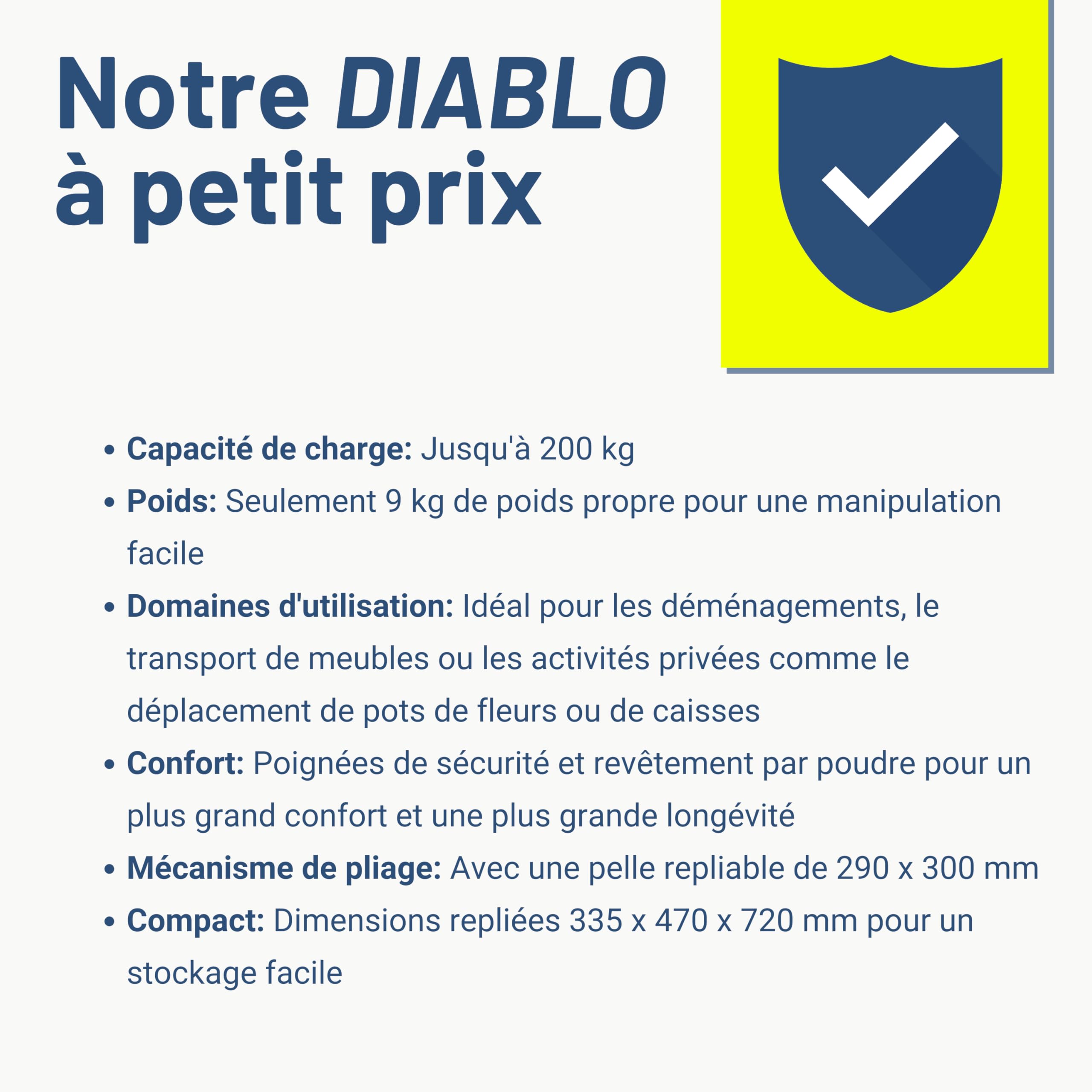 Pallit Diable Pliable 200 kg - Chariot de Manutention Pliant en Acier, Poignées Ergonomiques, Pelle 300x290 mm, Roues 250 mm, Diable Transport 9 kg Diablo-F